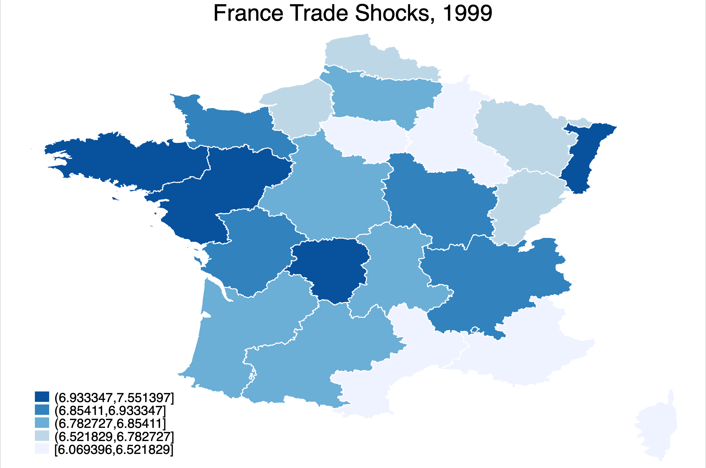 Map of trade shocks in 1999 in France